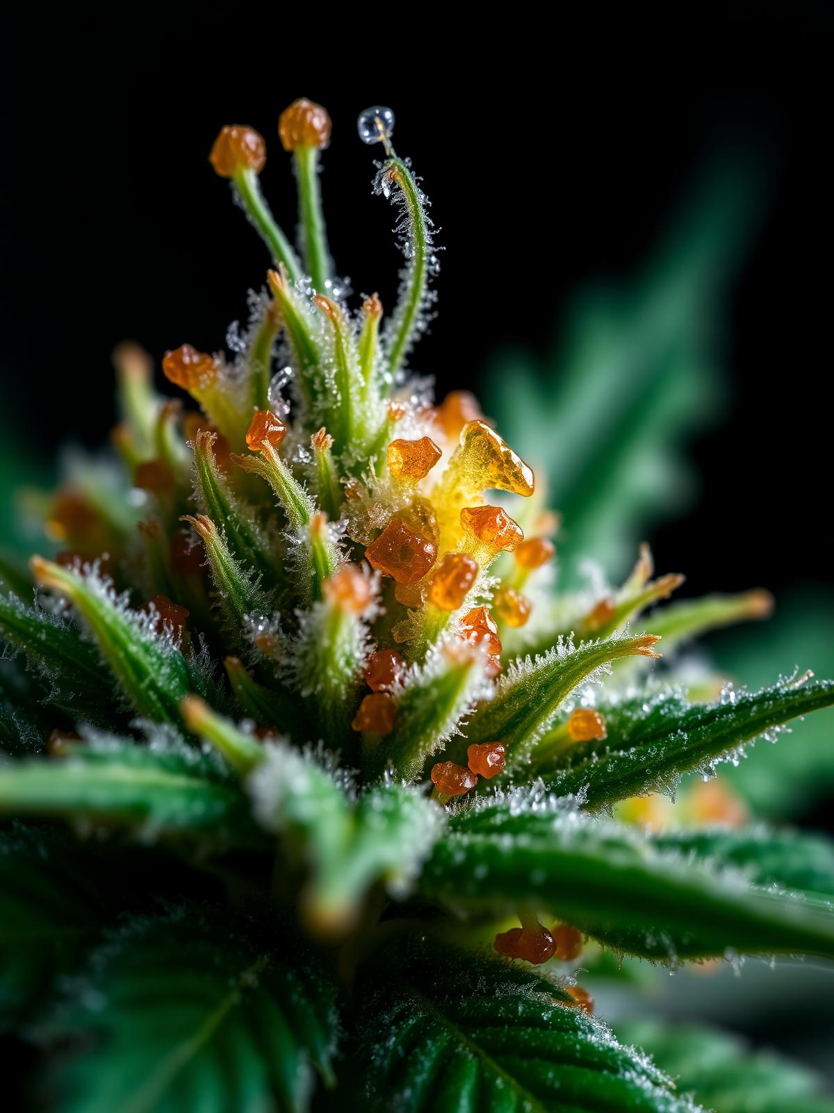 Macro photograph of a medical cannabis flower with amber trichomes and forest-green calyxes.